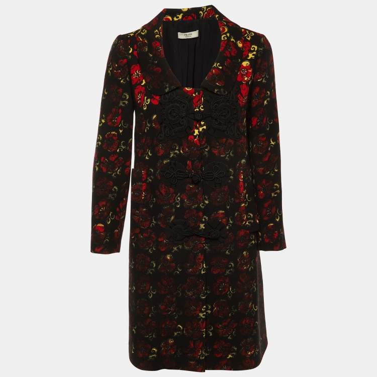 Pre Owned Prada Black Printed Virgin Wool Button Front Coat M