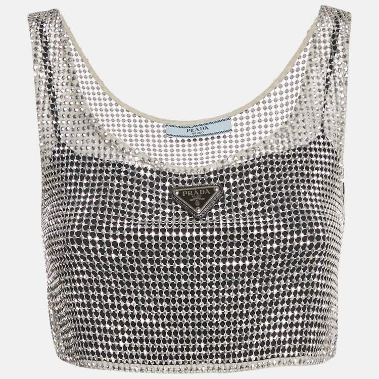 Pre Owned Prada Silver Rhinestone Logo Plaque Crop Top S