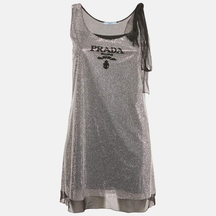 Pre Owned Prada Black Rhinestone Embellished Tie-Up Sleeve Mini Dress XS