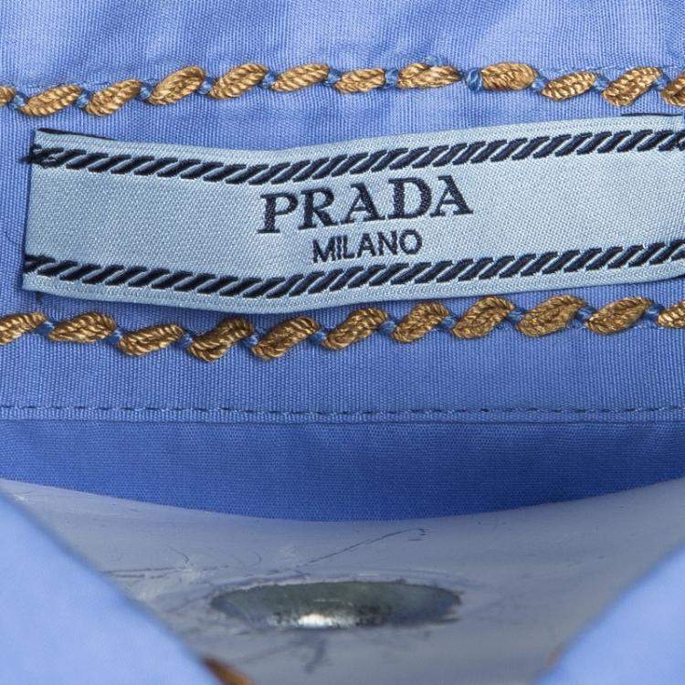 Pre Owned Prada Blue Cotton Contrast Embroidered Long Sleeve Button Front Shirt S
