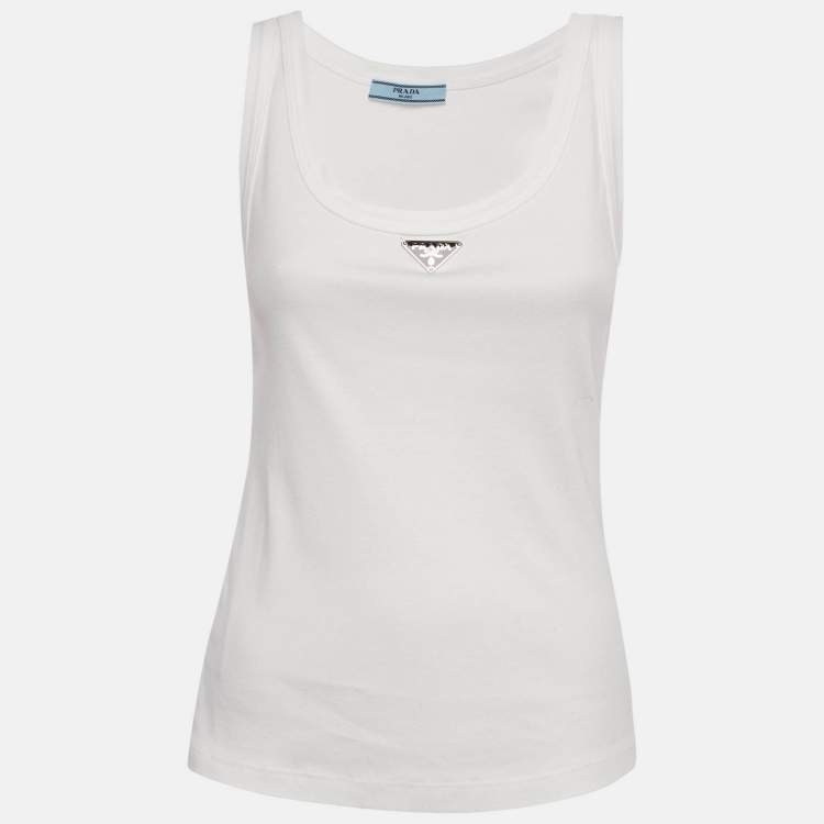 Pre Owned Prada White Ribbed Knit Triangle Logo Plaque Jersey Tank Top S
