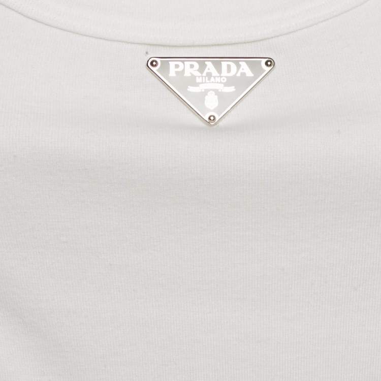 Pre Owned Prada White Ribbed Knit Triangle Logo Plaque Jersey Tank Top S