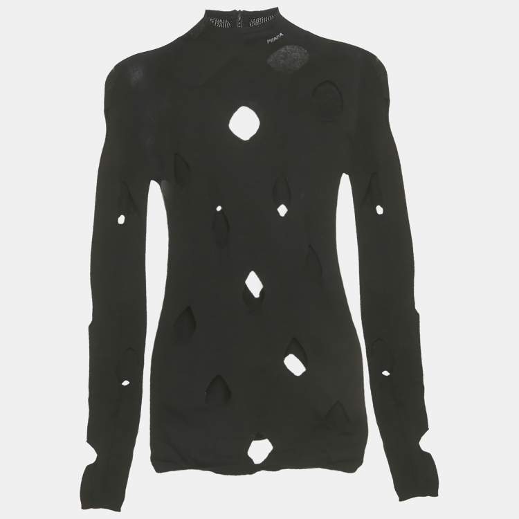 Pre Owned Prada Black Cut-Out Jersey High Neck Sweater S