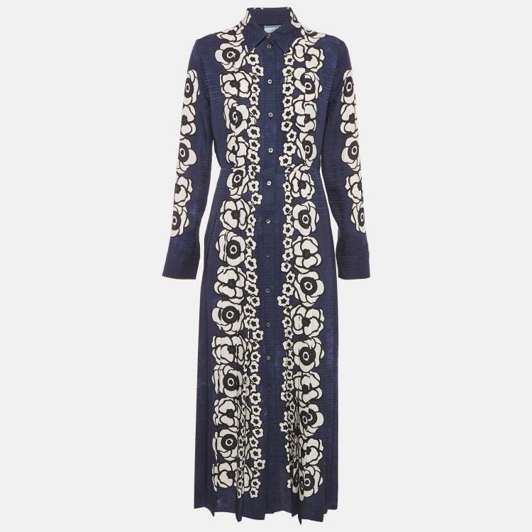 مملوكة مسبقًا Prada Navy Blue Floral Print Satin Silk Pleated Long Dress M
