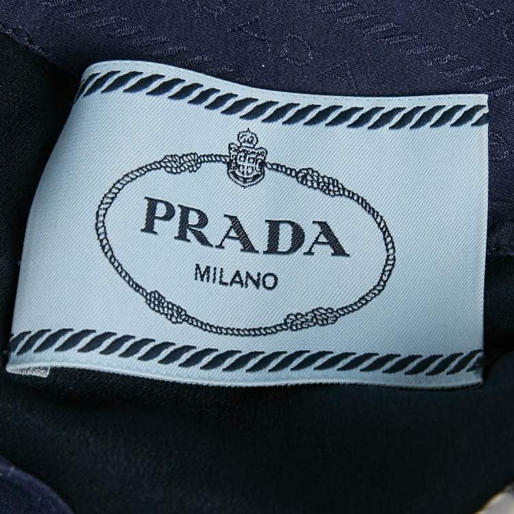 مملوكة مسبقًا Prada Navy Blue Floral Print Satin Silk Pleated Long Dress M