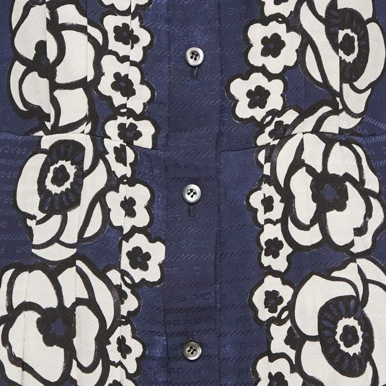 مملوكة مسبقًا Prada Navy Blue Floral Print Satin Silk Pleated Long Dress M