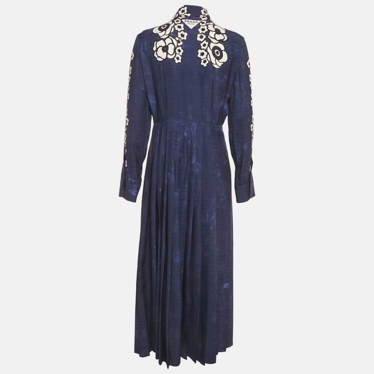 مملوكة مسبقًا Prada Navy Blue Floral Print Satin Silk Pleated Long Dress M