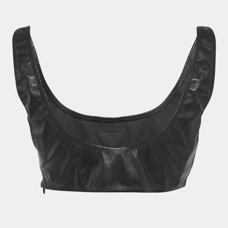 Pre Owned Prada Black Leather Logo Plaque Detail Sleeveless Crop Top L