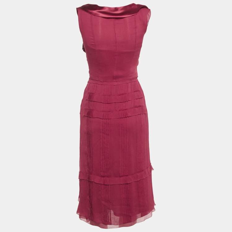 Pre Owned Prada Burgundy Silk Chiffon Bead Detail Midi Dress S