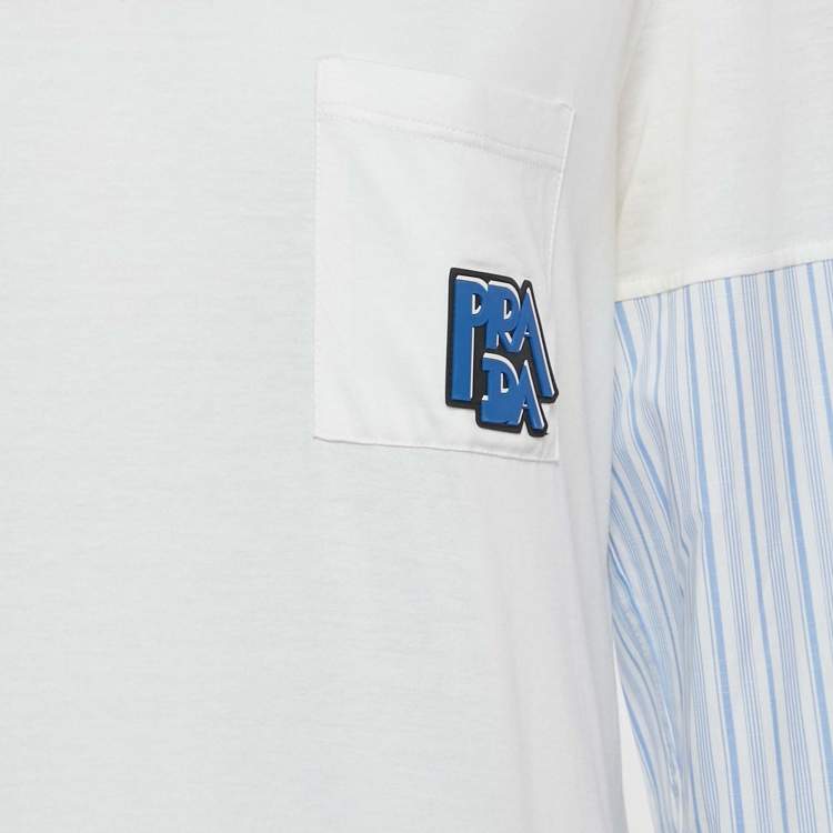 Pre Owned Prada White / Green Logo Applique Cotton & Silk Mini Dress M