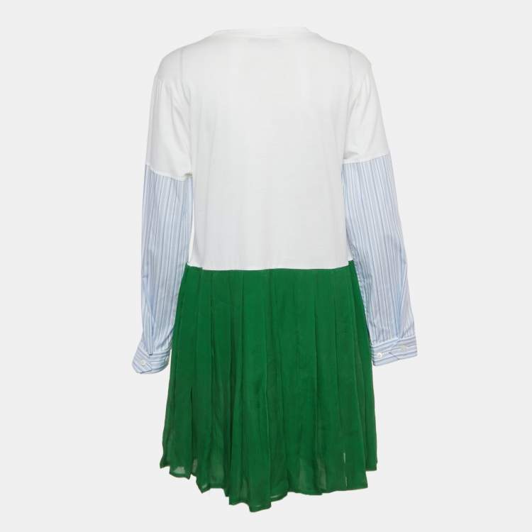 Pre Owned Prada White / Green Logo Applique Cotton & Silk Mini Dress M