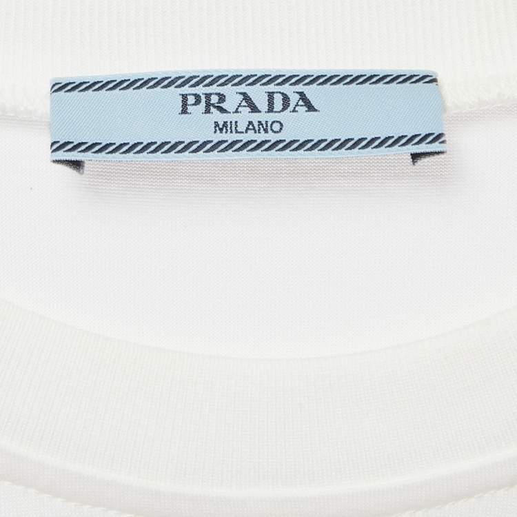 Pre Owned Prada White / Green Logo Applique Cotton & Silk Mini Dress M