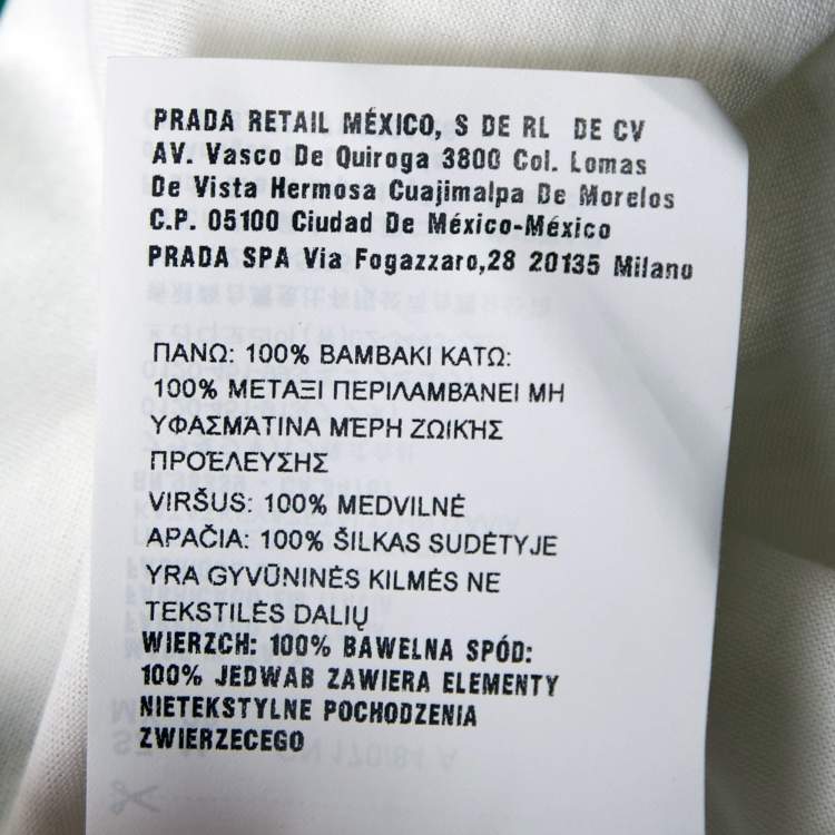 Pre Owned Prada White / Green Logo Applique Cotton & Silk Mini Dress M