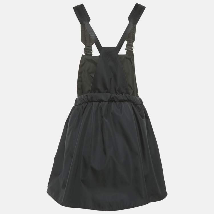Pre Owned Prada Black Re-Nylon Logo Patch Pinafore Mini Dress M