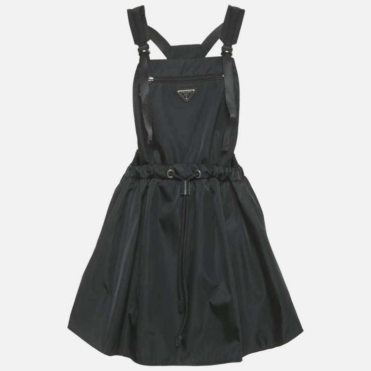 Pre Owned Prada Black Re-Nylon Logo Patch Pinafore Mini Dress M
