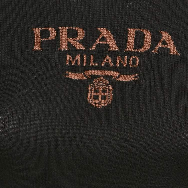 Pre Owned Prada Black Silk Rib Knit Logo Detail Crop Top M