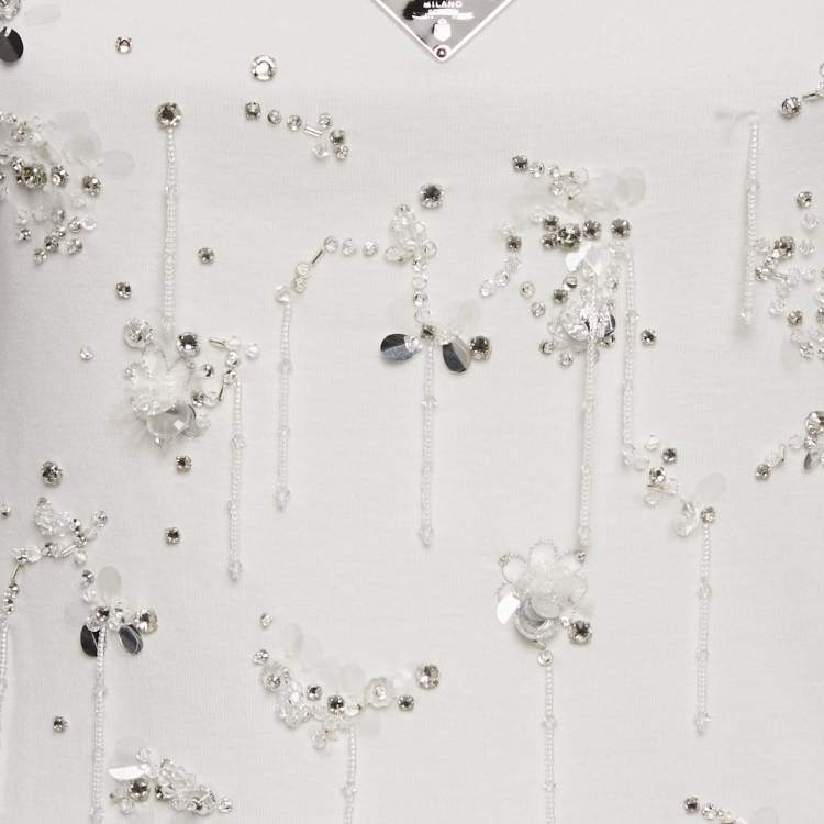 Pre Owned Prada White Embellished Cotton Jersey Tank Top S