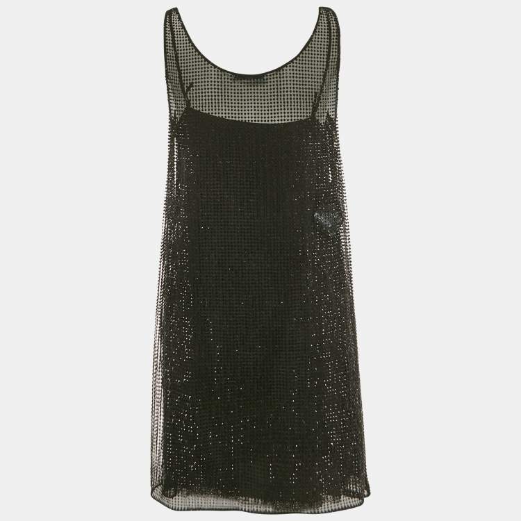 Pre Owned Prada Black Rhinestone Embellished Mesh Shift Dress S