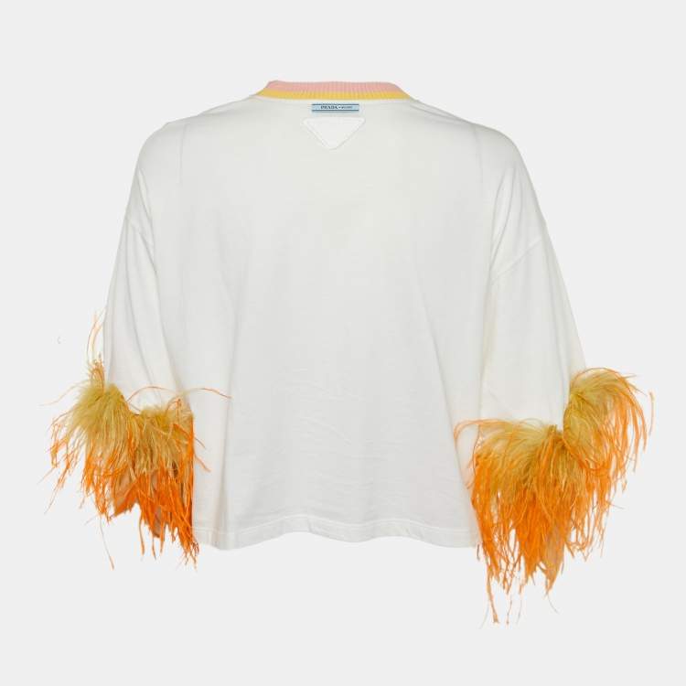 Pre Owned Prada White Cotton Ostrich Feather Trim T-Shirt M