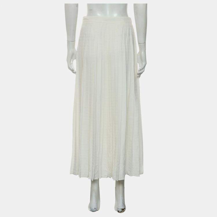 Pre Owned Prada Logo-Jacquard White Silk Pleated Skirt XS