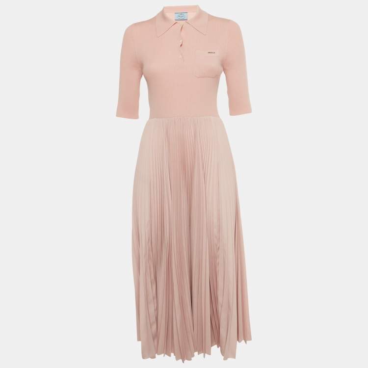 Pre Owned Prada Pink Rib Knit and Plisse Midi Dress M