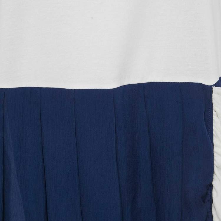 Pre Owned فستان برادا جيرسي حرير أبيض/أزرق بلا أكمام قصير مقاس صغير (سمول)