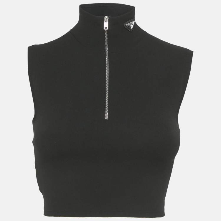 Pre Owned Prada Black Knit Triangle Enamel Logo Sleeveless Crop Top S