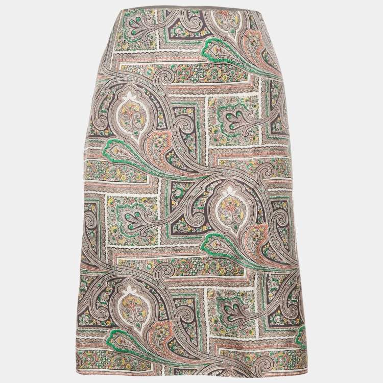 Pre Owned Prada Grey Paisley Print Silk Knee Length Skirt M
