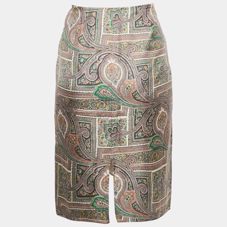 Pre Owned Prada Grey Paisley Print Silk Knee Length Skirt M