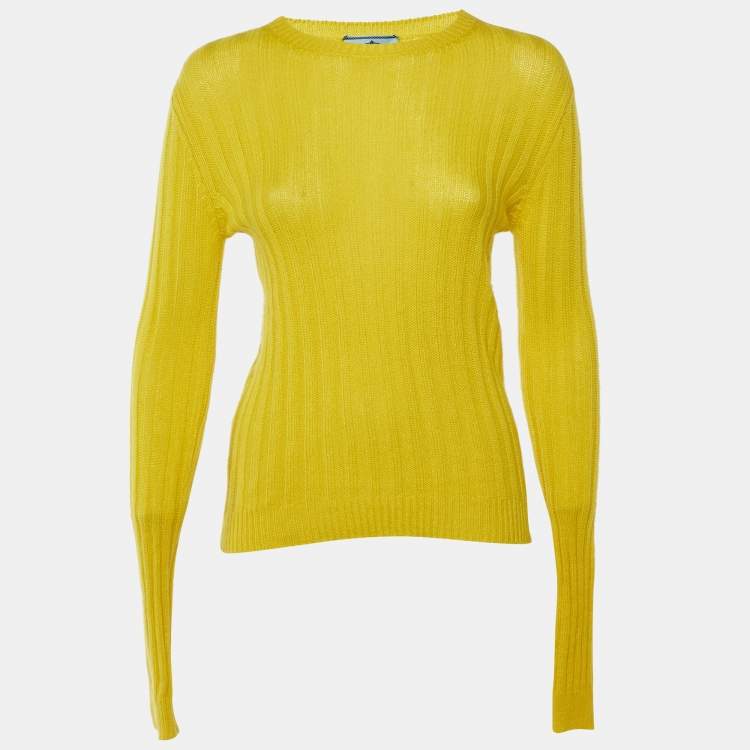 Pre Owned Prada Yellow Cashmere Rib Knit Crew Neck Sweater S