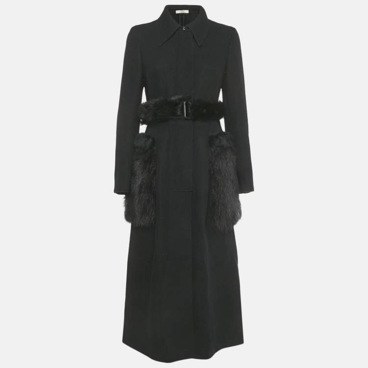 Pre Owned معطف برادا صوف مع فراء الراكون أسود مقاس متوسط (ميديام)