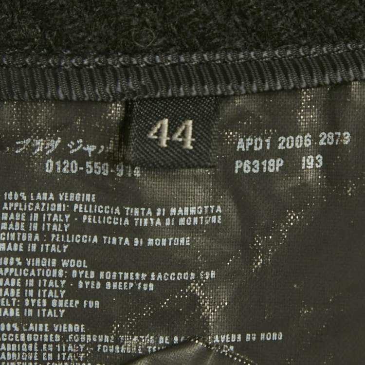 Pre Owned معطف برادا صوف مع فراء الراكون أسود مقاس متوسط (ميديام)