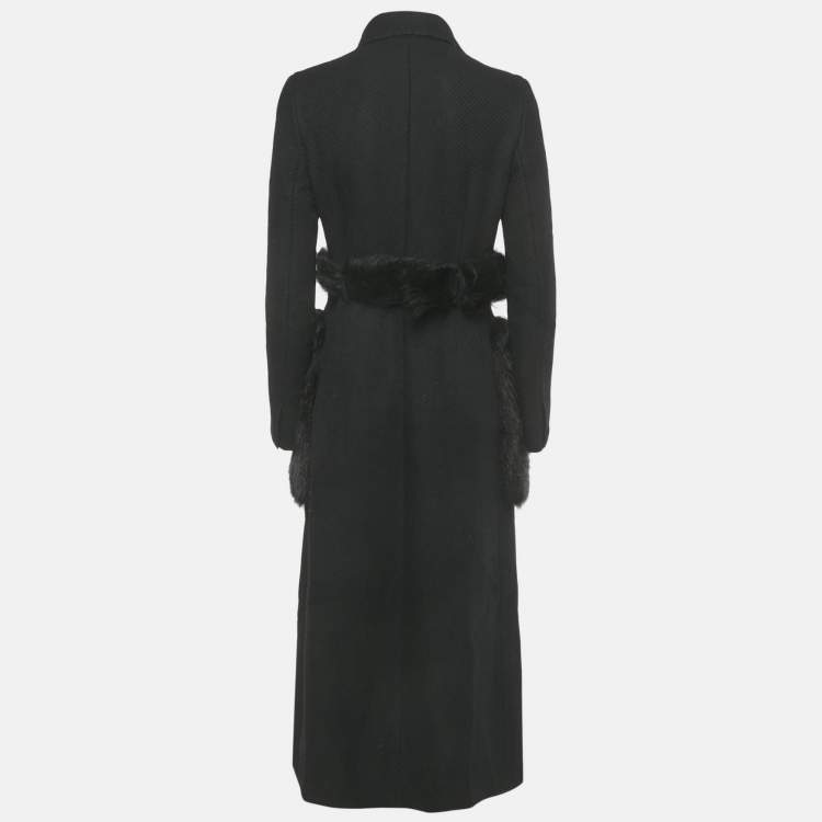 Pre Owned معطف برادا صوف مع فراء الراكون أسود مقاس متوسط (ميديام)