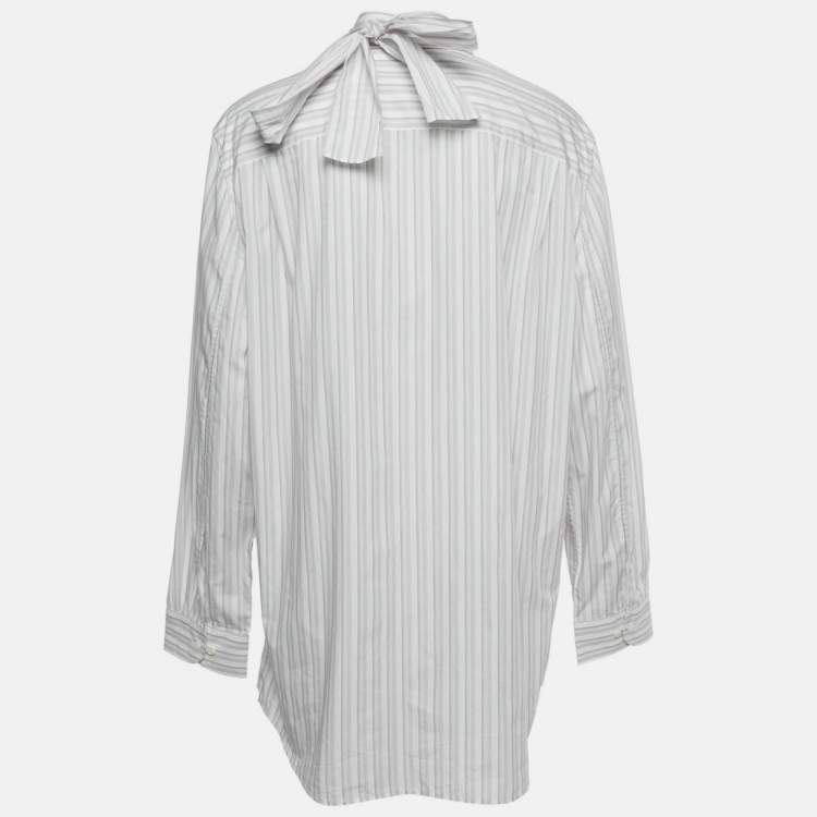 مملوكة مسبقًا قميص برادا قطن مقلم أبيض طوق وشاح مقاس كبير - لارج