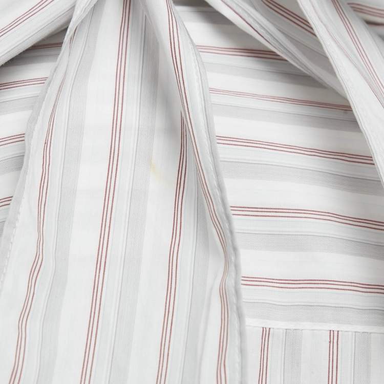 مملوكة مسبقًا قميص برادا قطن مقلم أبيض طوق وشاح مقاس كبير - لارج