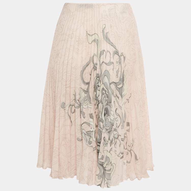 Pre Owned Prada Pink Floral Print Plisse Midi Skirt S