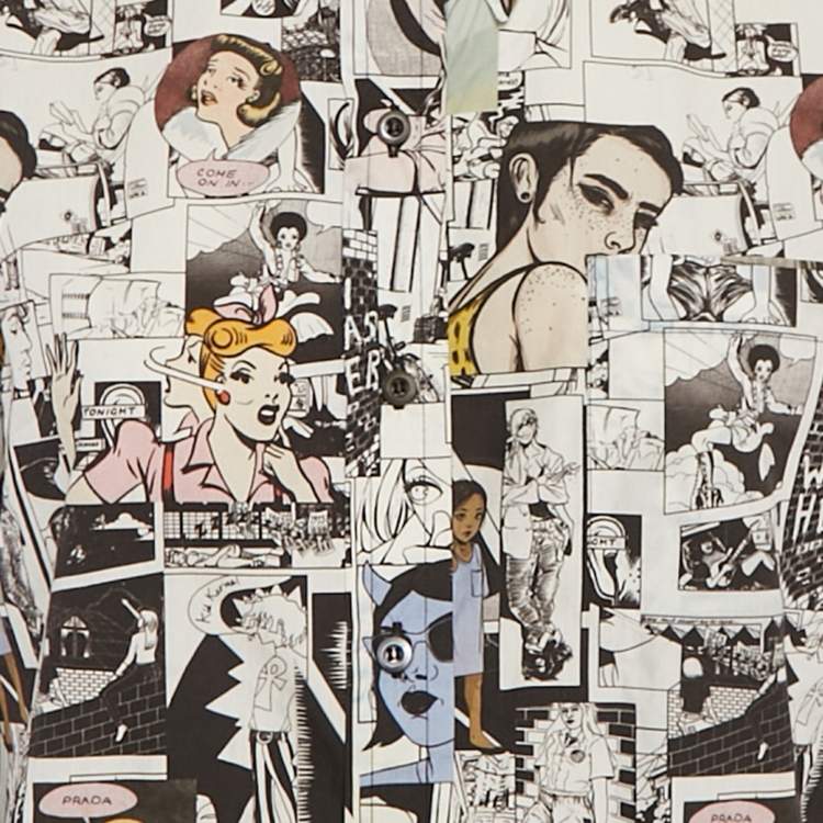 مملوكة مسبقًا قميص برادا بالتعاون مع بريجيد إلفا بطبعة كوميكس باللون الأبيض مصنوع من القطن وبأزرار للأعلى مقاس متوسط - ميديم