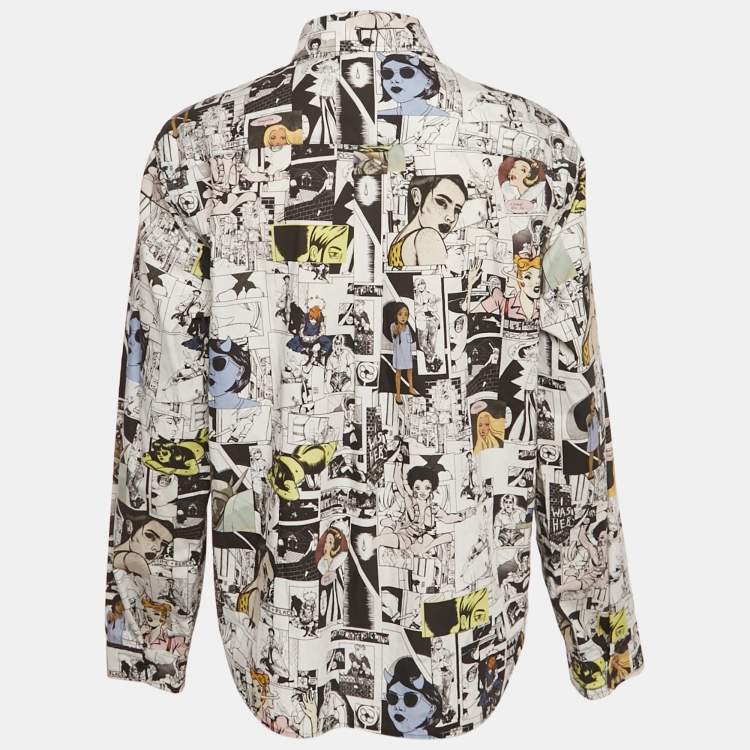 مملوكة مسبقًا قميص برادا بالتعاون مع بريجيد إلفا بطبعة كوميكس باللون الأبيض مصنوع من القطن وبأزرار للأعلى مقاس متوسط - ميديم
