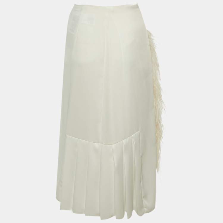 Pre Owned Prada White Sateen Feather Trim Wrap Midi Skirt S