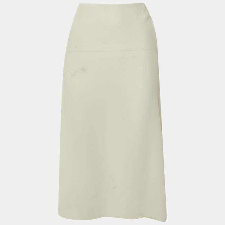 Pre Owned Prada White Sateen Feather Trim Wrap Midi Skirt S