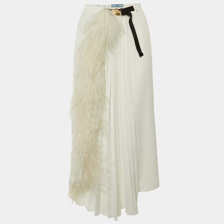 Pre Owned Prada White Sateen Feather Trim Wrap Midi Skirt S