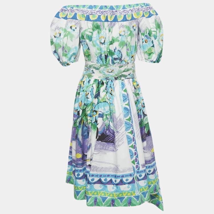 Pre Owned Prada Multicolour Floral Print Cotton Asymmetric Midi Dress M