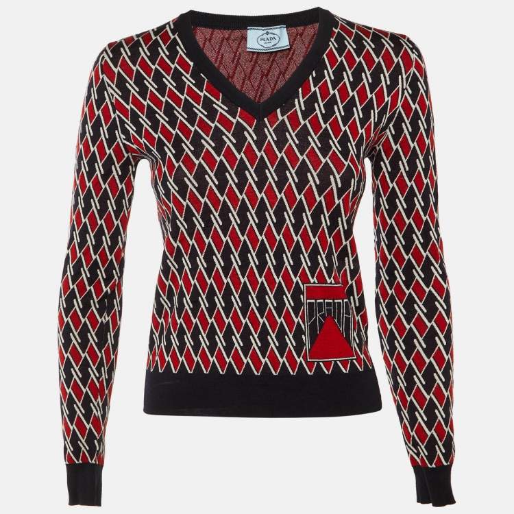 Pre Owned Prada Black Diamond Pattern Wool V-Neck Sweater S