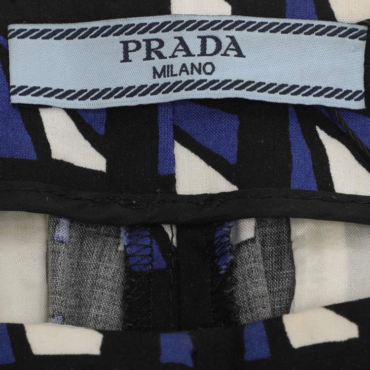 Pre Owned Prada Indigo Blue/White Geometric Print Stretch Cotton Trousers S