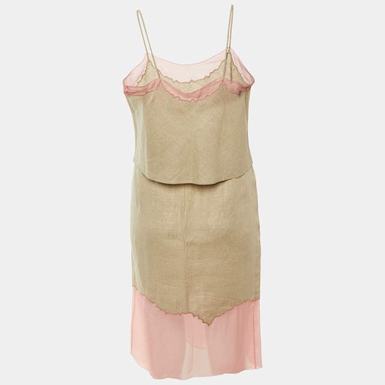 Pre Owned Prada Vintage Beige/Pink Linen & Silk Skirt Set L
