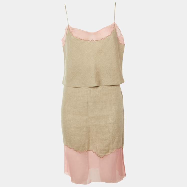 Pre Owned Prada Vintage Beige/Pink Linen & Silk Skirt Set L
