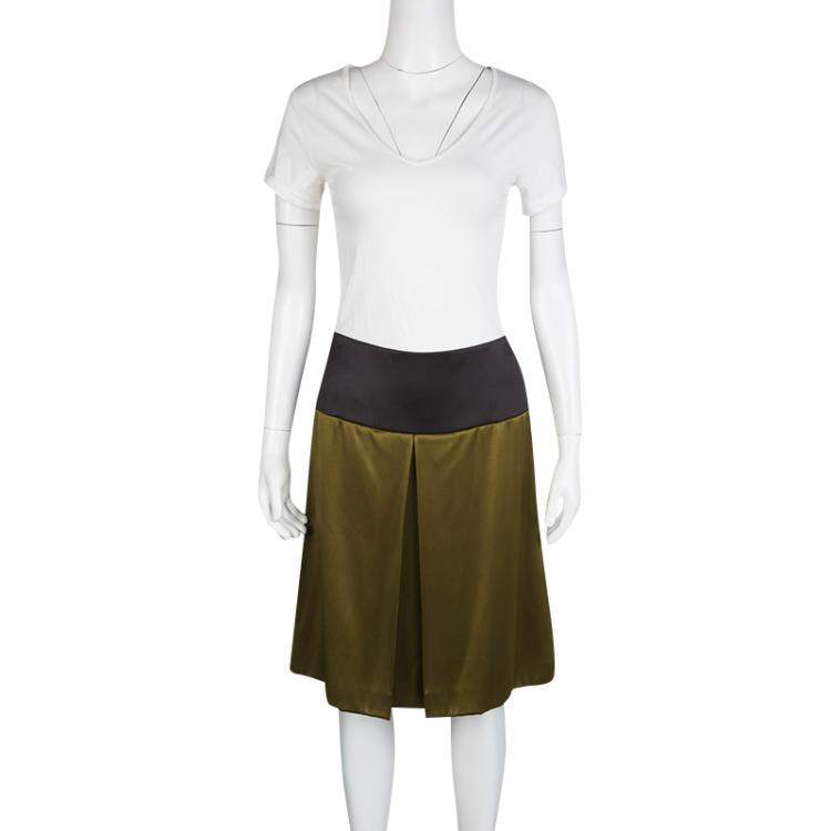 Pre Owned Prada Olive Green Satin Contrast Waist A-Line Skirt S