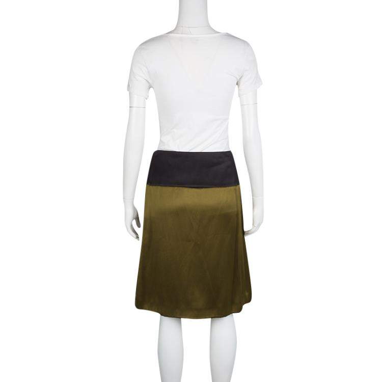 Pre Owned Prada Olive Green Satin Contrast Waist A-Line Skirt S