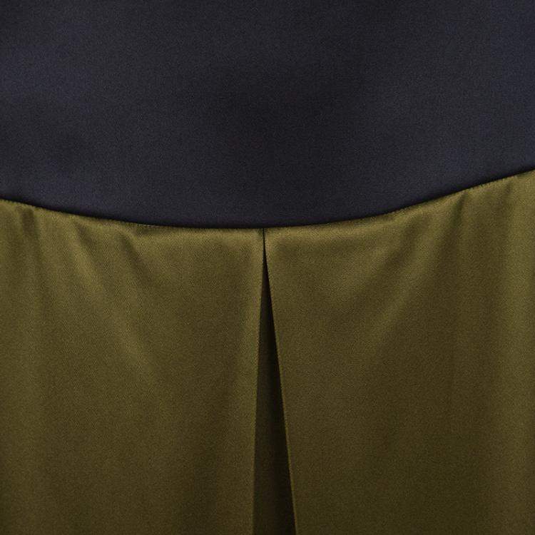 Pre Owned Prada Olive Green Satin Contrast Waist A-Line Skirt S