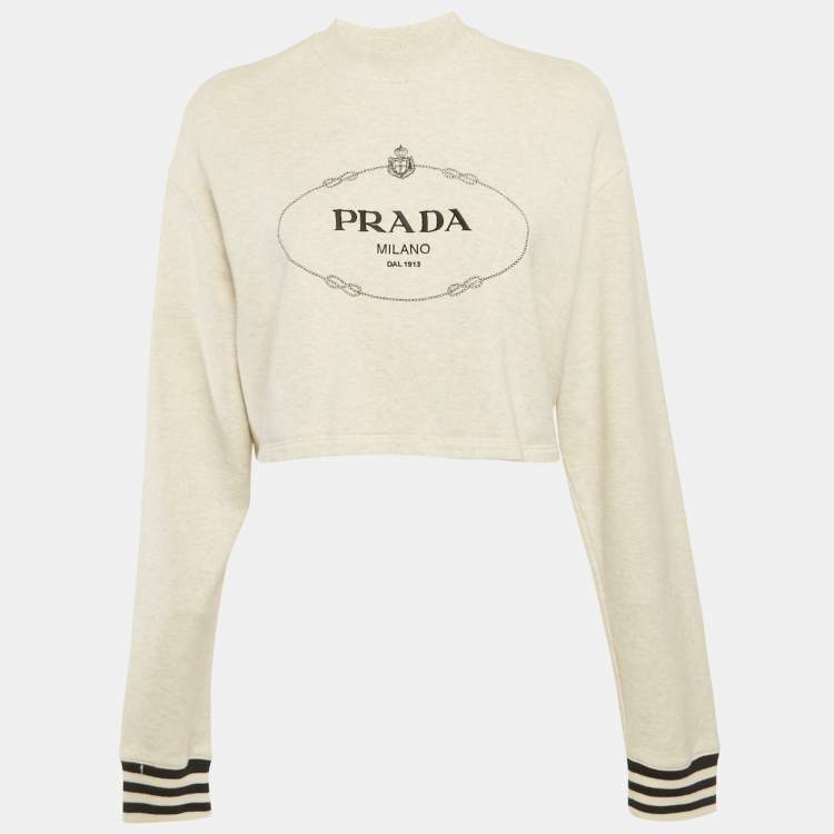 مملوكة مسبقًا Prada Grey Logo Embroidered Cotton Crop Sweatshirt XS